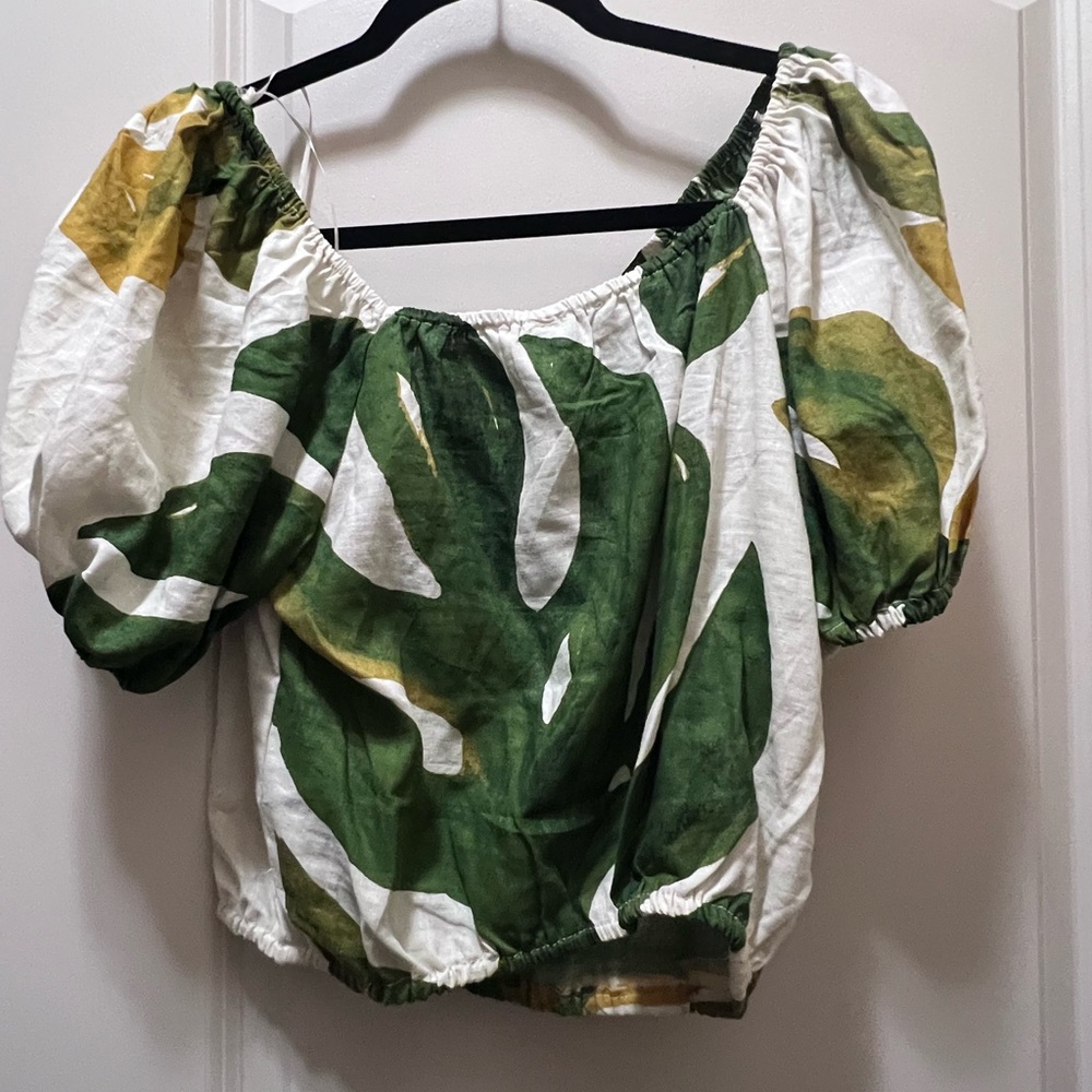 Green and White Leaf Print Women's Top
